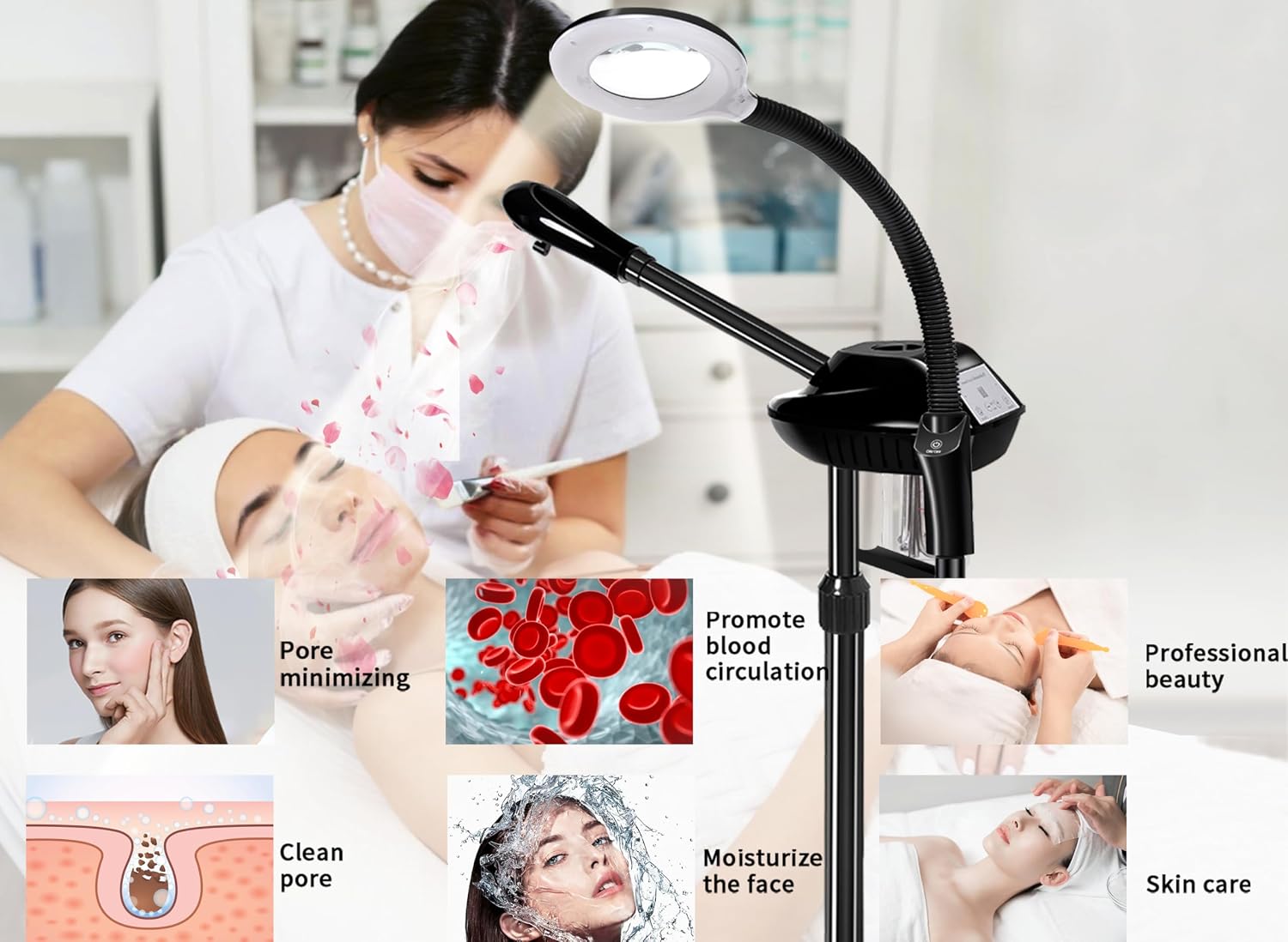 Professional Facial Steamer on Wheels,2 in 1 Face Steamer with 5X Magnifying Lamp and Ozone Function for Home and Beauty Spa Use