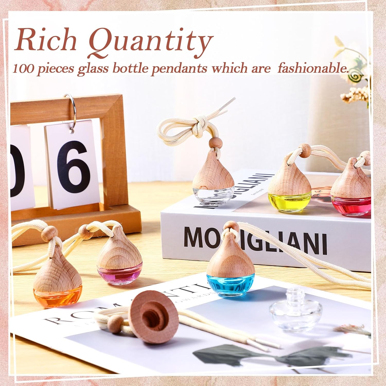 Rtteri 100 Pcs Hanging Car Air Freshener Diffuser Bottles Empty Glass Perfume Diffuser Vials Refillable Oil Aromatherapy Pendant with Wooden Caps and Hanging String for Car Home Office Decor(Drop)