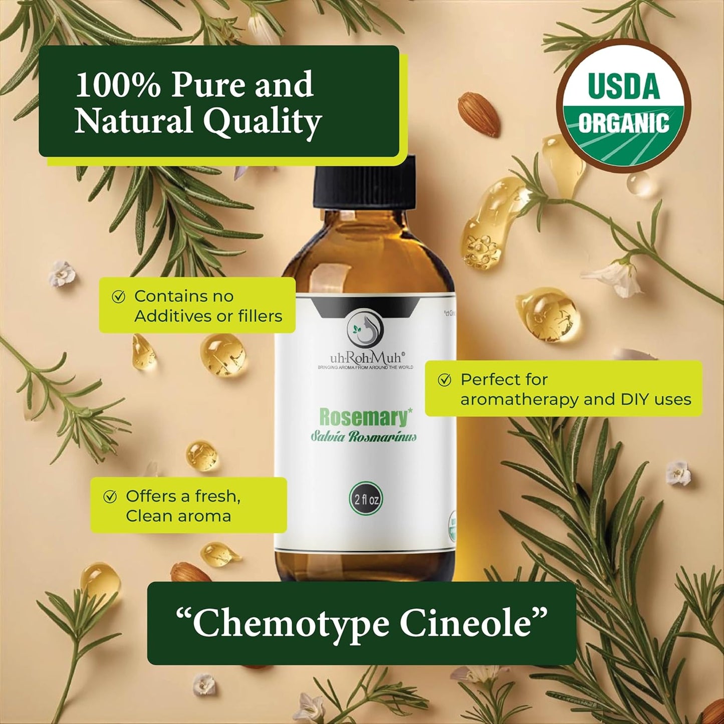 Organic Rosemary Essential Oil Chemotype Cineole | 100% Pure Steam Distilled Rosemary Oil | Fresh Herbaceous Aroma for Diffuser Aromatherapy, Massage Blends & DIY Recipes | Spain – 2 Fl Oz