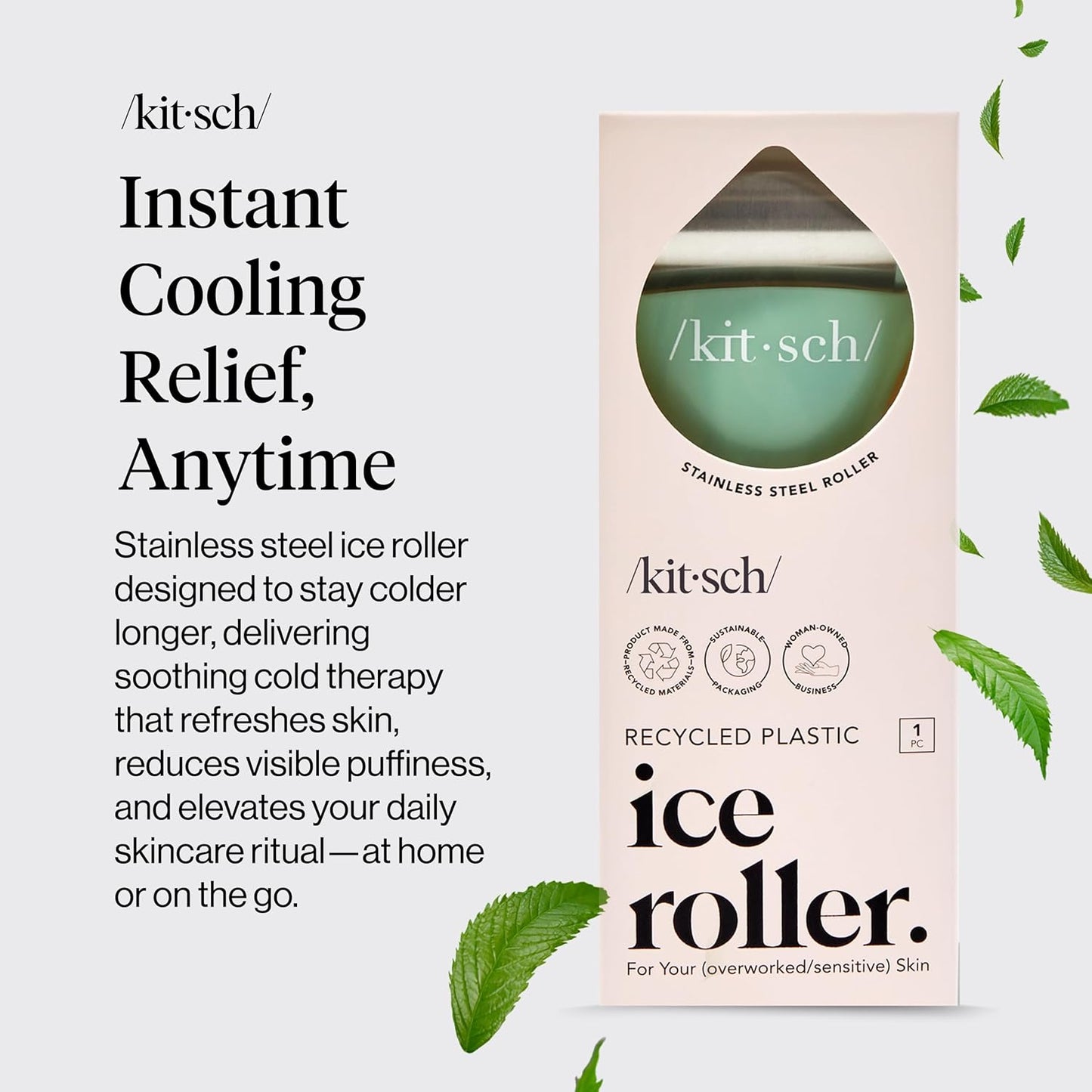 Kitsch Ice Roller for Face – Stainless Steel Ice Face Roller to Reduce Puffiness, Redness & Headaches – Cooling Facial Roller for Skin Care, Irritation Relief & Spa-Like Experience at Home - Mint