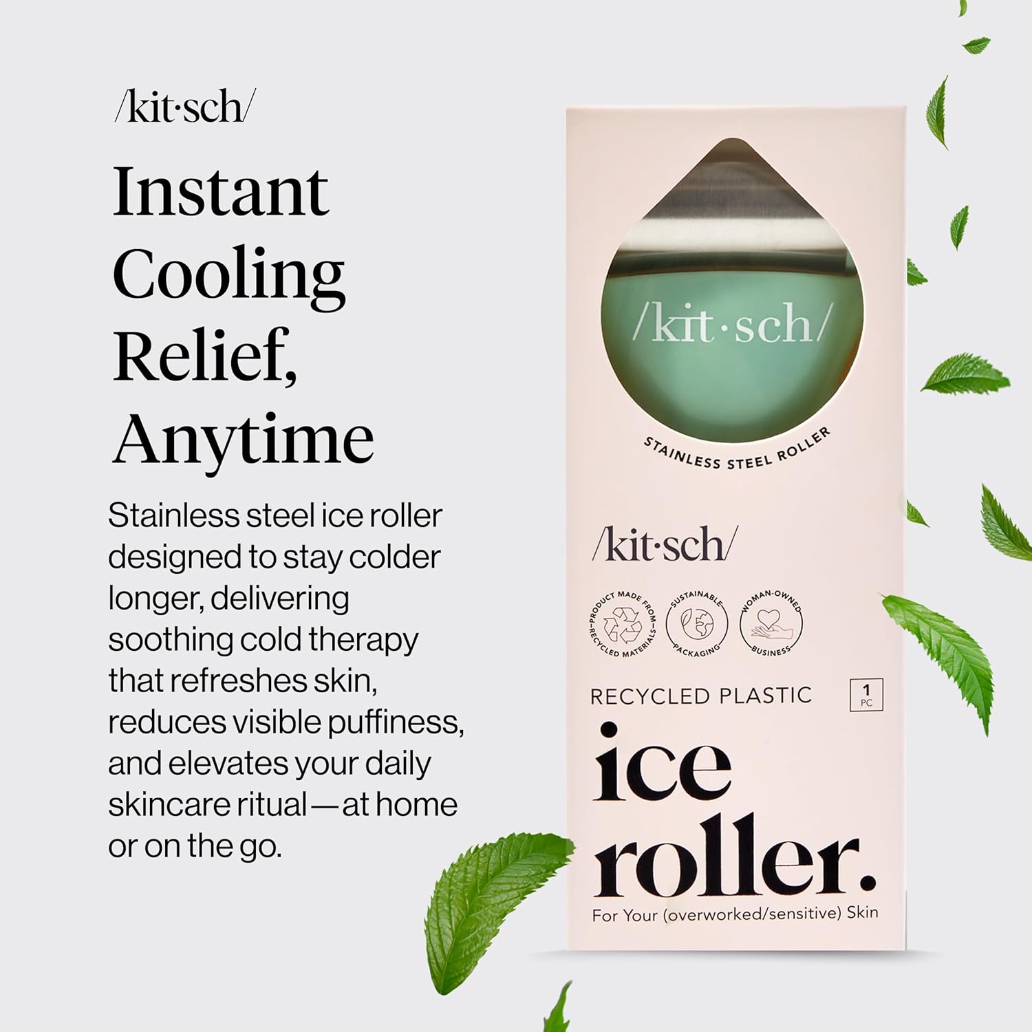 Kitsch Ice Roller for Face – Stainless Steel Ice Face Roller to Reduce Puffiness, Redness & Headaches – Cooling Facial Roller for Skin Care, Irritation Relief & Spa-Like Experience at Home - Mint