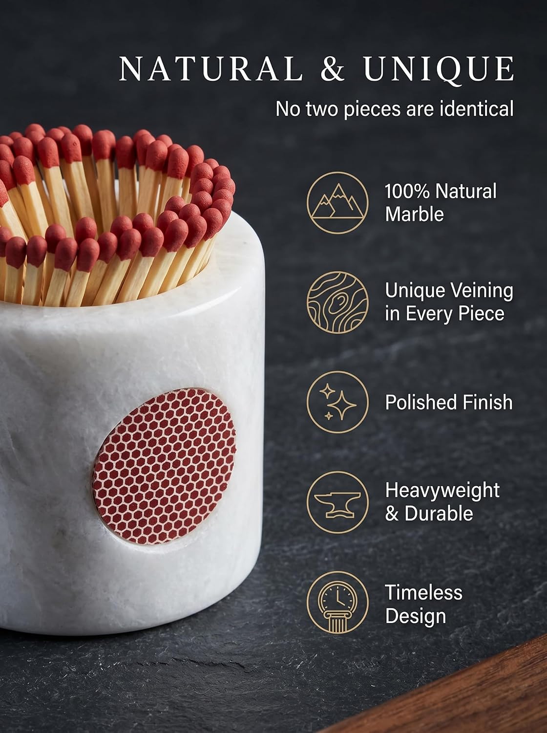 Marble Match Holder with Striker, Set of 2 – White Matchstick Holder with Side Striker, Decorative Matches Jar for Fireplace, Candle, Bathroom Decor, Housewarming Gift (Matches Not Included)