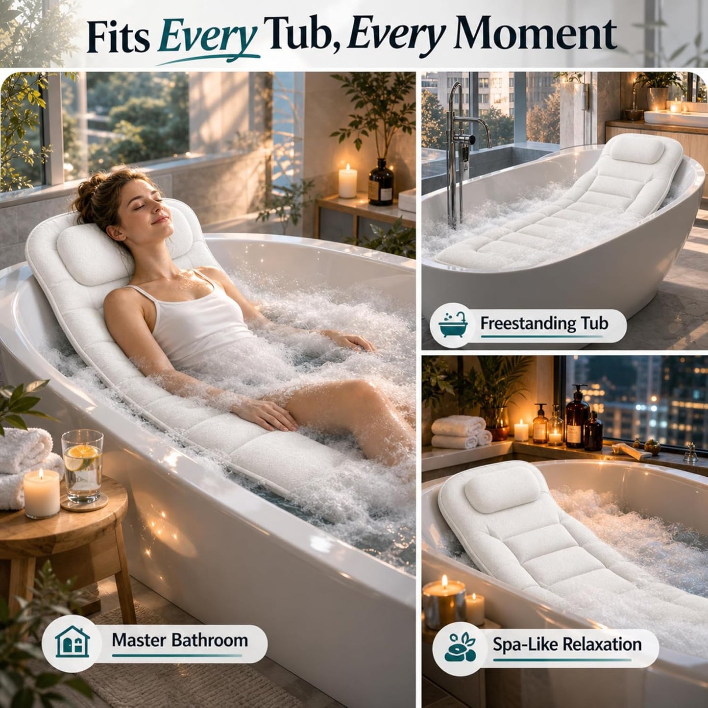 Full Body Bathtub Pillow, Extra Long & Thick Bath Cushion with Strong Suction Cups, Soft Head Neck & Back Support for Master Bathroom Evening Soaking (White)