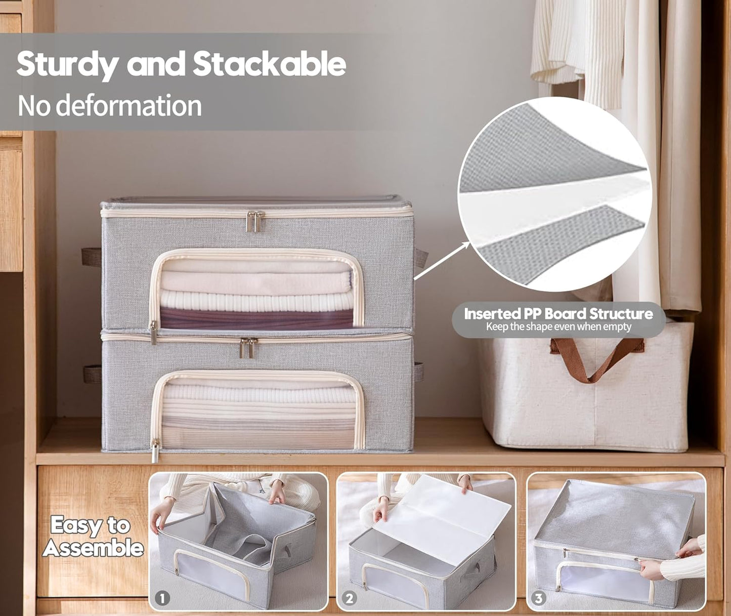 2-Pack Cashmere Sweater Storage Bags with Natural Cedar Blocks, Breathable Clothes Storage Bag with Mesh Window & Handles, Foldable Closet Garment Storage for Cashmere, Wool & Knitwear-Grey