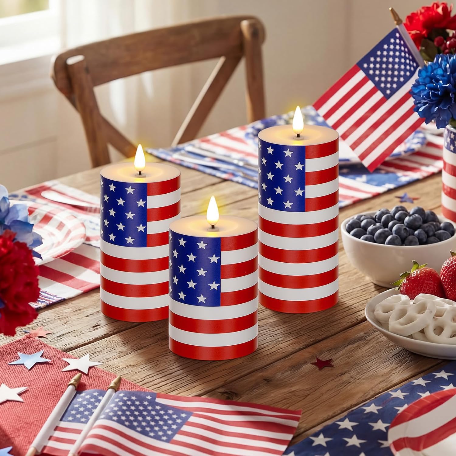 Tuanse Set of 3 Patriotic American Flag Flameless Candles 250th Anniversary Battery Operated 4th of July American Flag Pillar Candle, Mixed Size LED Light Candle for Table Dinner Independence Decor