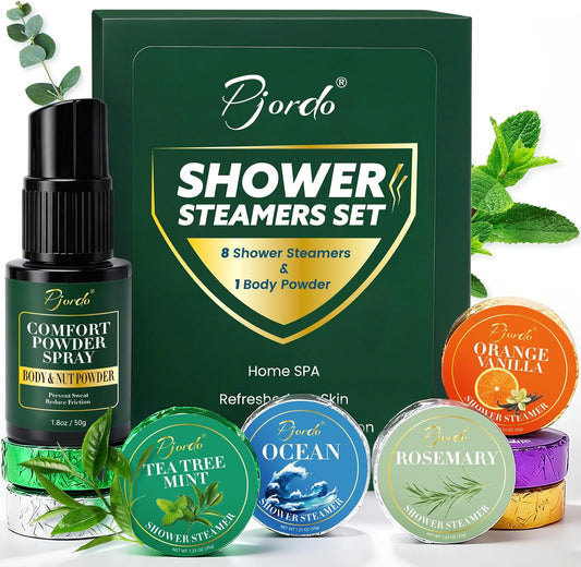 Pjordo Shower Steamers Aromatherapy, Birthday Gifts for Men Dad Husband Teen Boys, 8 Pcs Shower Bombs with Natural Essential Oil &amp; 1 Pcs Body Powder for After Shower, Self Care Relaxation Home Spa
