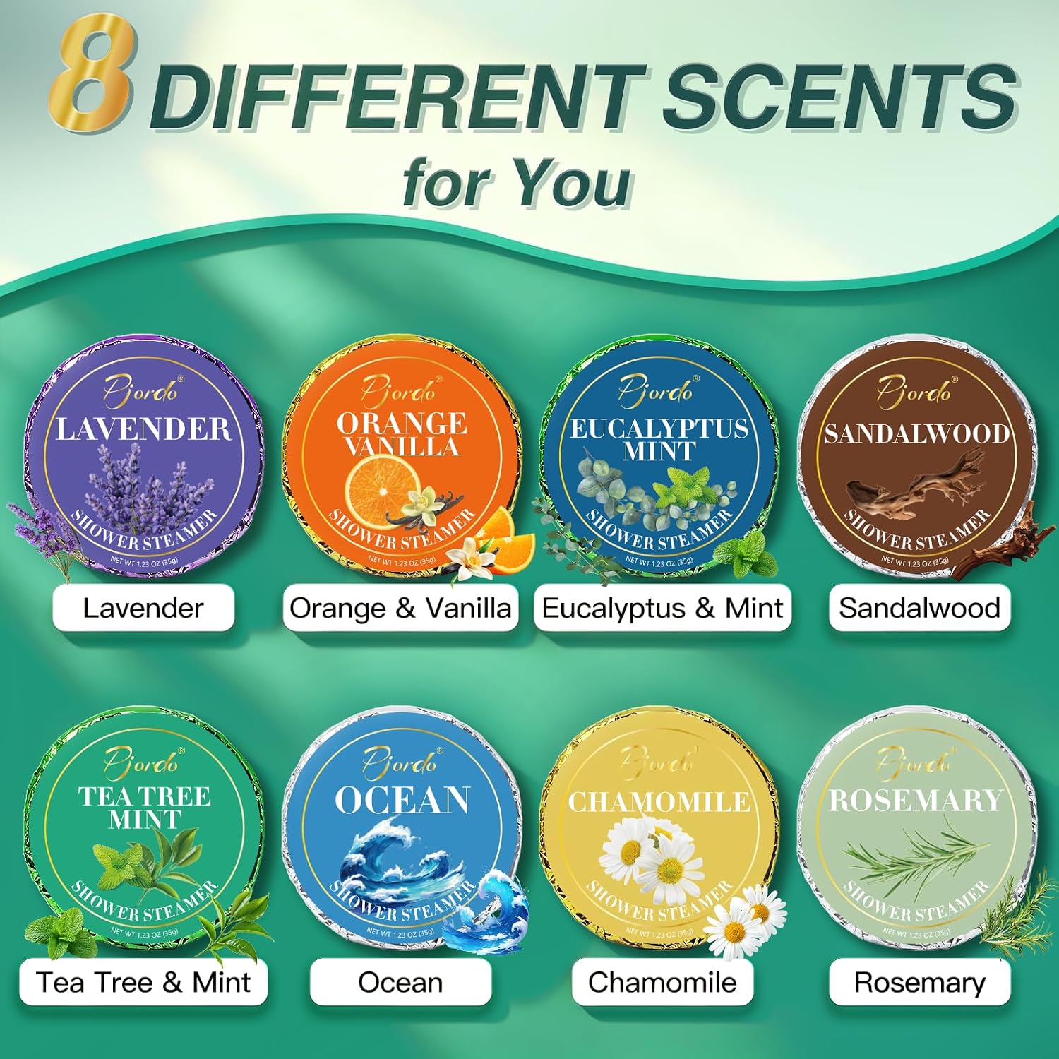 Pjordo Shower Steamers for Men, Fathers Day Gift for Dad, 8 Pcs Shower Bombs with Natural Essential Oil & 1 Pcs Body Powder for After Shower, Self Care Aromatherapy Relaxation Home Spa