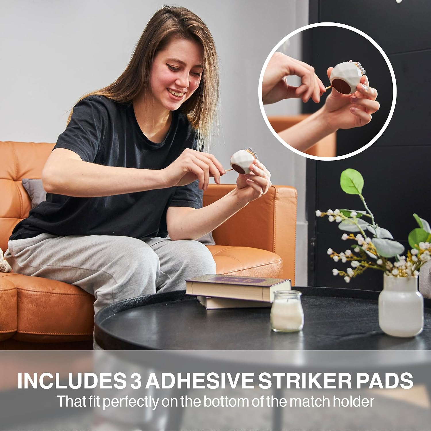 Ceramic Match Holder with Striker Pads - Classic White Oval - Cute Bathroom Matches Holder | Living Room Decor | Centerpiece Table Decorations - Matches Not Included