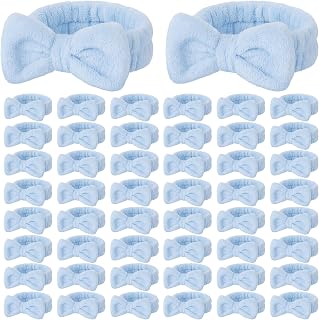 50 Pcs Blue Spa Headband Bulk Spa Sleepover Party Supplies for Washing Face with Removable Bow Makeup Elastic Bowknot Headband for Women Gifts Skincare Microfiber Hairband(Blue Style)