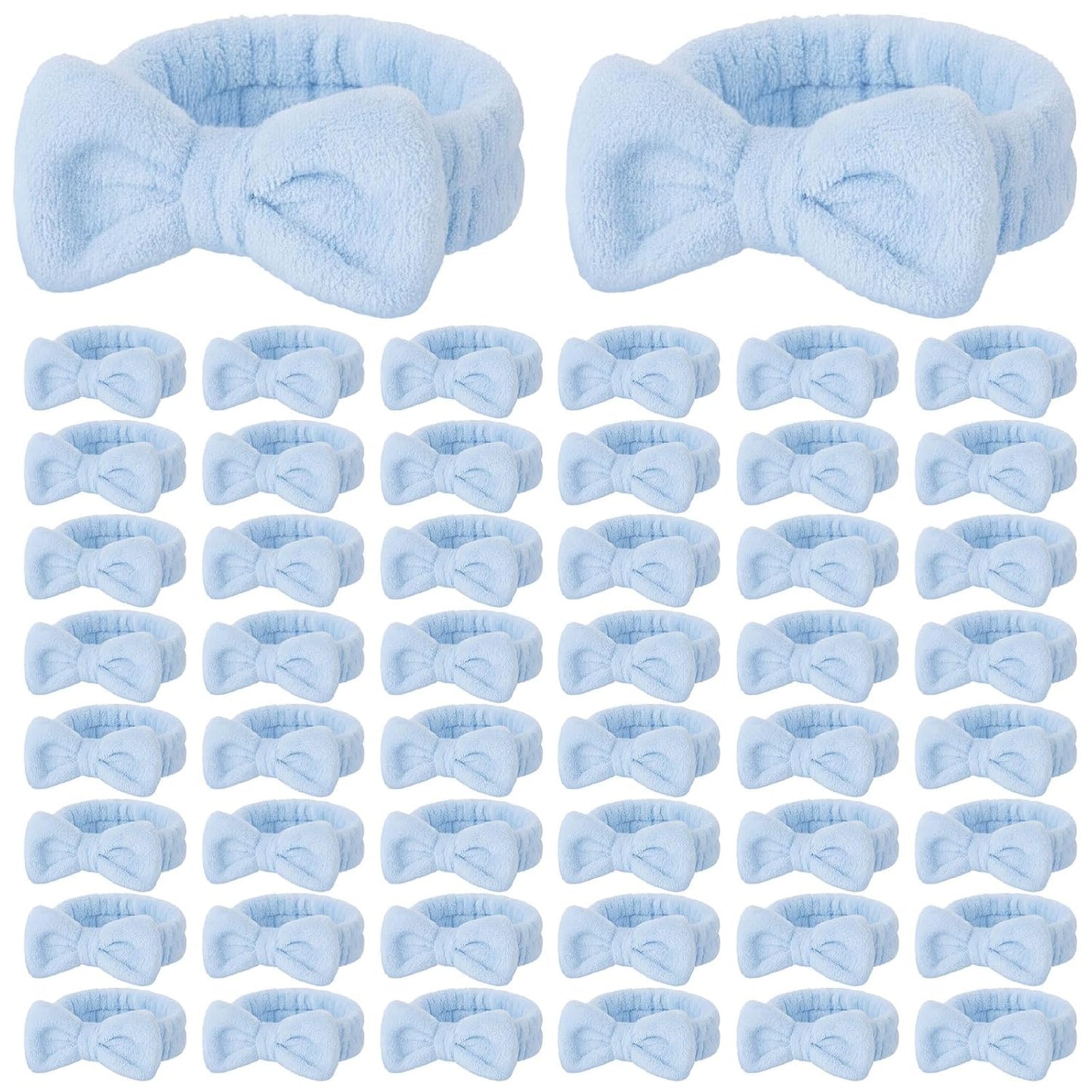50 Pcs Blue Spa Headband Bulk Spa Sleepover Party Supplies for Washing Face with Removable Bow Makeup Elastic Bowknot Headband for Women Gifts Skincare Microfiber Hairband(Blue Style)