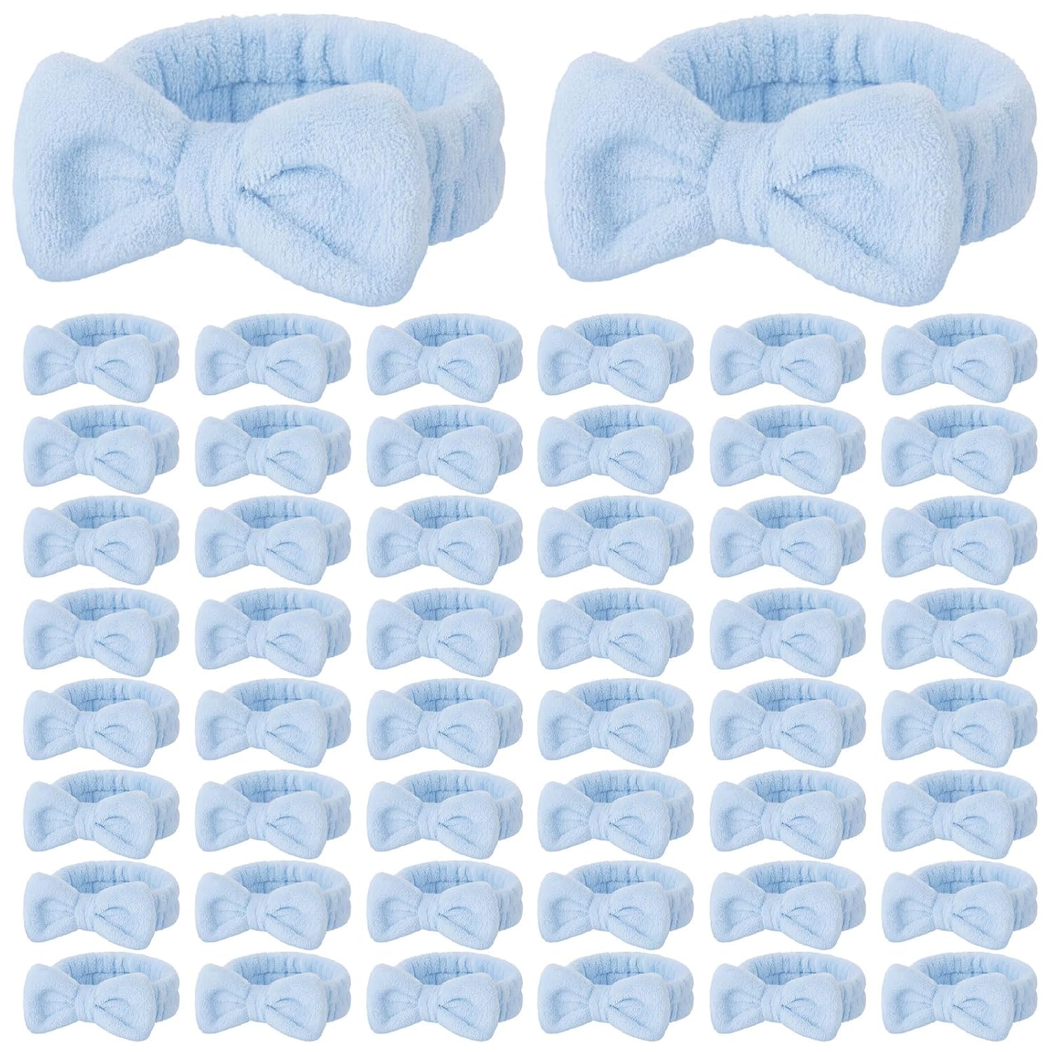 50 Pcs Blue Spa Headband Bulk Spa Sleepover Party Supplies for Washing Face with Removable Bow Makeup Elastic Bowknot Headband for Women Gifts Skincare Microfiber Hairband(Blue Style)