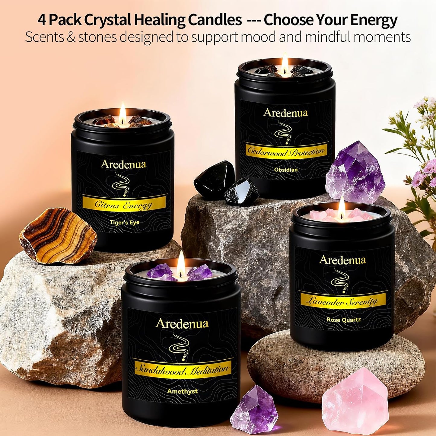 Crystal Candle with Tiger Eye Healing Crystals, Citrus Aromatherapy Candle for Confidence, Natural Soy Wax Scented Candle with Real Gemstone, 7oz Long Burning, Motivational Chakra Gift