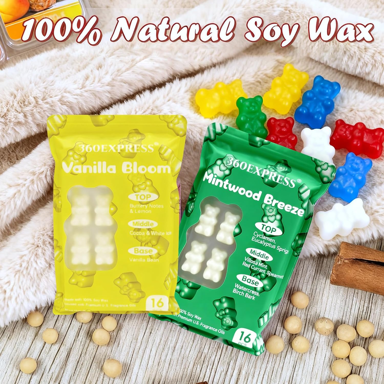 Wax Melts - 32 Scented Soy Wax Tarts with US Essential Oils - Includes Vanilla Bloom, Mintwood Breeze- 2 Pack
