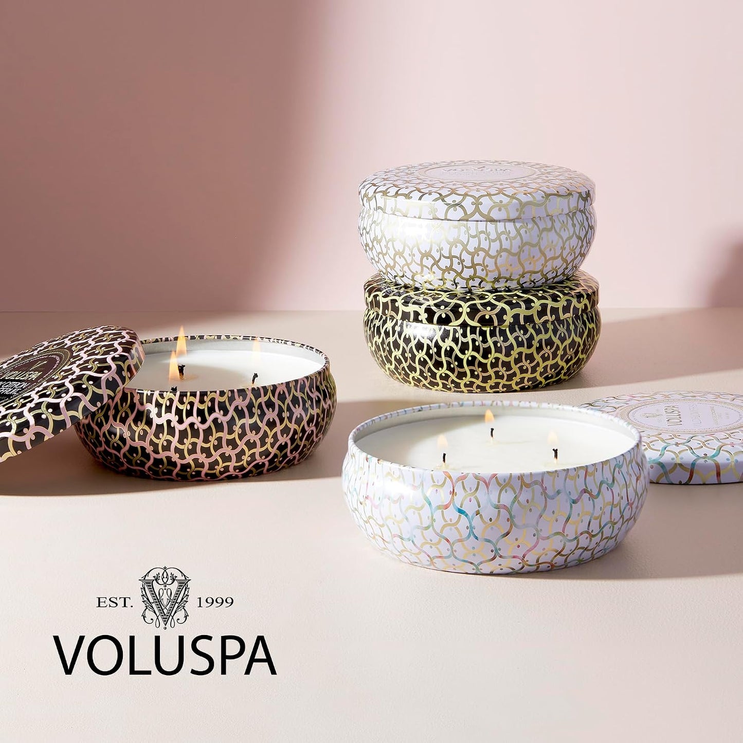 Voluspa Baltic Amber, Tin Candle 3 Wick Tin Candle, 12 oz, 40 Hours Burn Time, Coconut Wax for Clean Burning, Handcrafted in the USA
