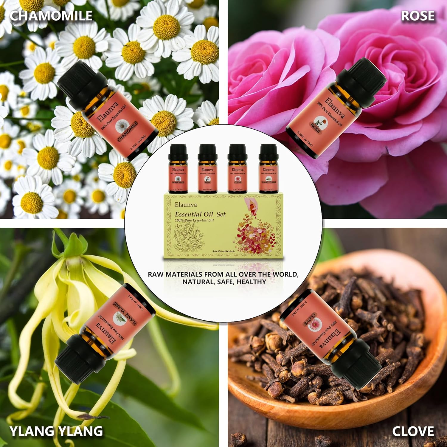 Essential Oils Set,100% Pure Natural,4 Scents(Clove/Chamomile/Rose/Ylang),for Valentine's Day GIF and Home Fragrance,Aroma Therapy Oil,Gift for Friends/Family (0.33Fl Oz*4, Flower Set)