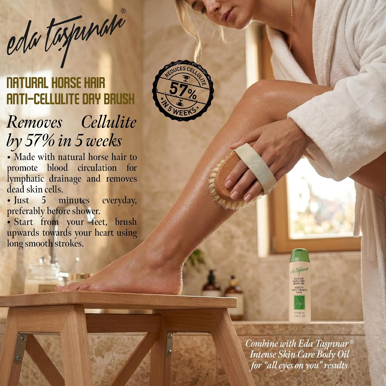 EDA Taspinar Professional Dry Brush for Body I Natural Horse Hair Bristle, Exfoliating, Lymphatic I Drainage, Cellulite, Circulation I No Shedding Spa Quality