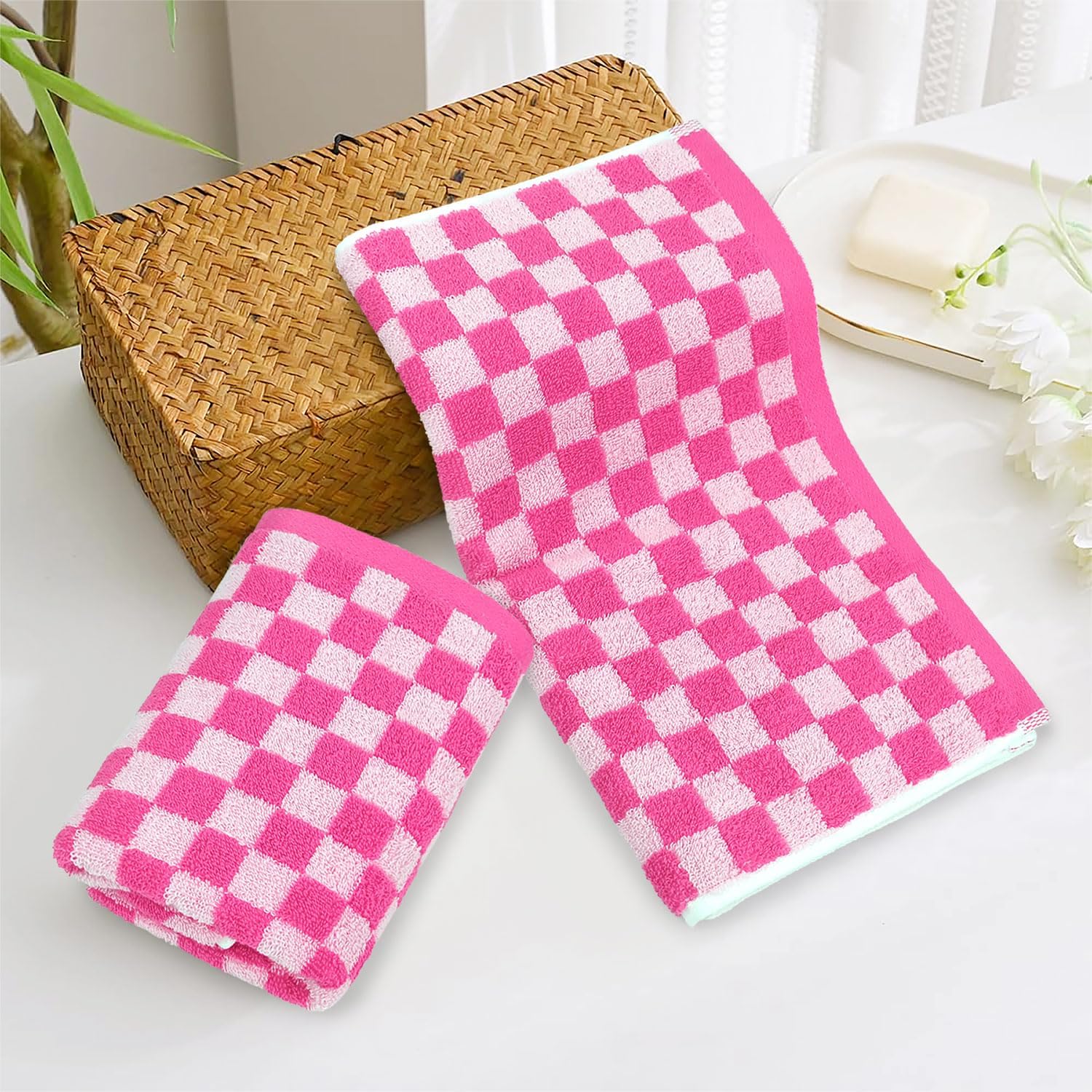 Jacquotha Pink Hand Towels 4 Pack, Cotton Decorative Bathroom Hand Towel & Checkered Kitchen Decor, 13" x 29"