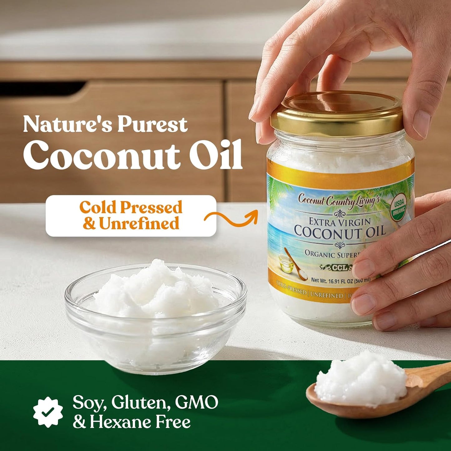 Organic Extra Virgin Coconut Oil - Unrefined Organic Cold Pressed | Ideal For Hair, Skin, Cooking, Body Massage, Beauty and Oil Pulling| Keto & Paleo Cooking Oil - 16.91 oz Coconut oil in Glass Jar