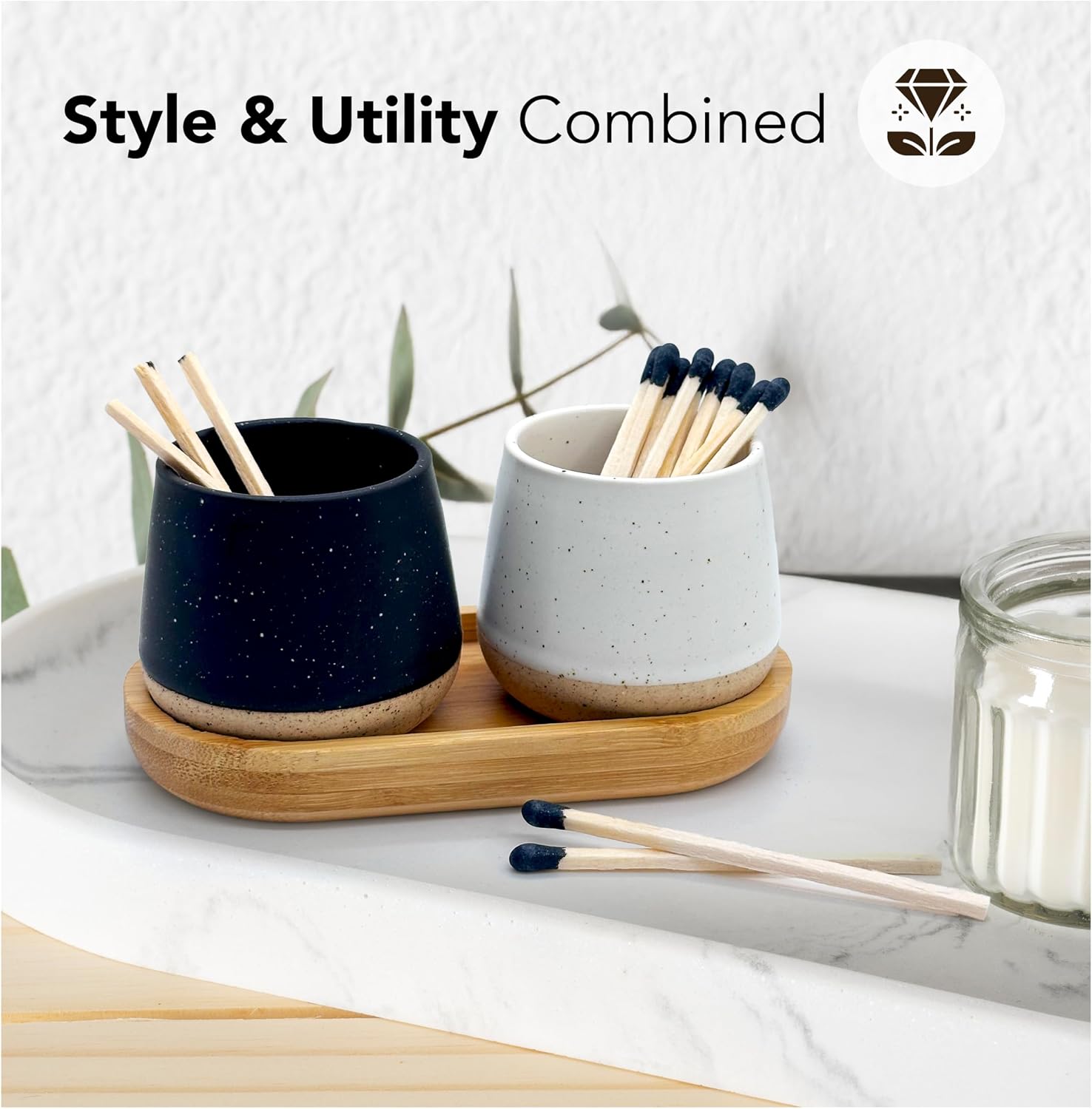 Set of 2 Ceramic Match Holders with Built-in Strikers and Wooden Tray - Modern Decorative Jar for Matches - Stylish Storage for Candles, Fireplaces, Jewelry *Matches not included*