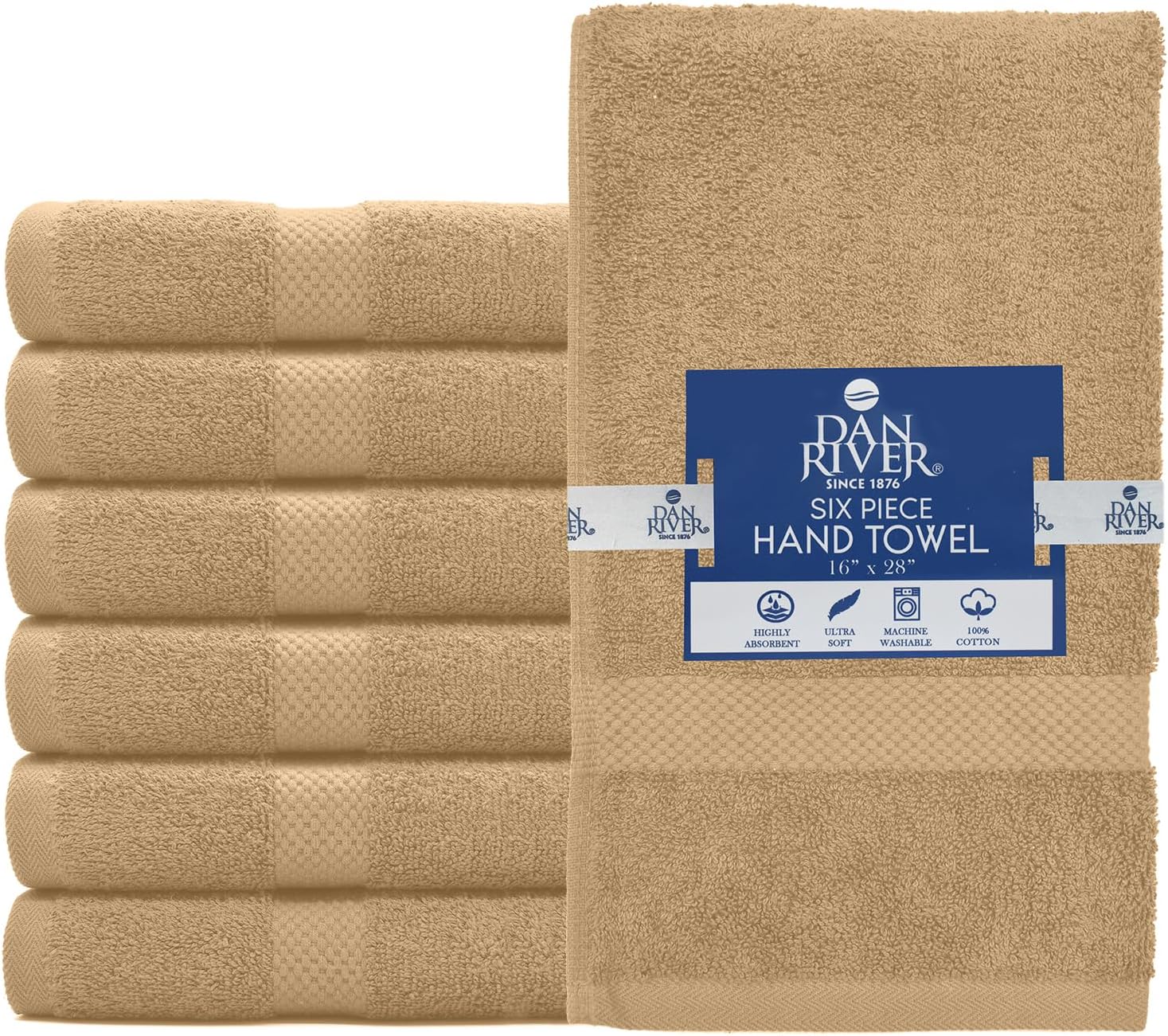 DAN RIVER 6-Pack Premium Hand Towels (16x28 Inches) - 100% Cotton, Ultra Soft, Lightweight, Highly Absorbent Towels for Bathroom, Spa, Gym, Salon, Hotel, and Travel - Tan