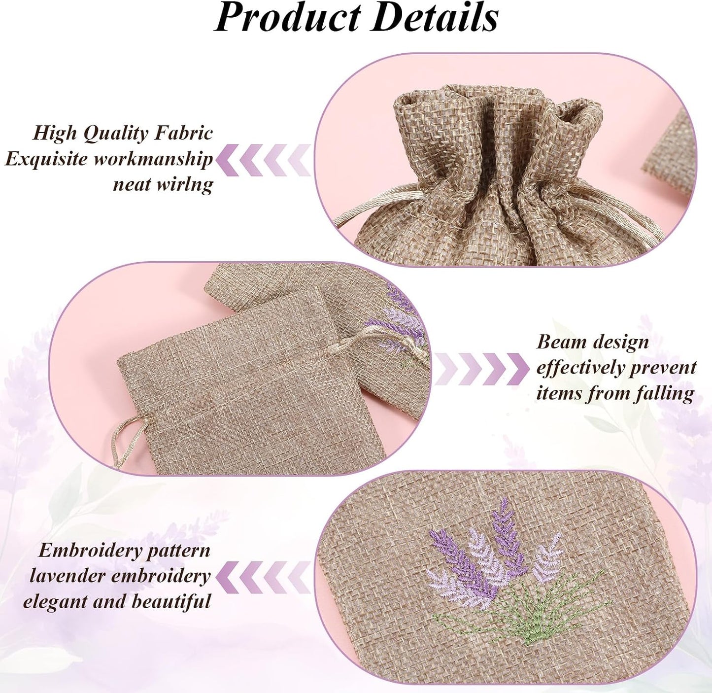 10PCS Lavender Sachet,Small Lavender Bag with Drawstring, Embroidered Canvas Empty Sachets Bag, for Spices, Jewelry, Candy, Lavenders Buds