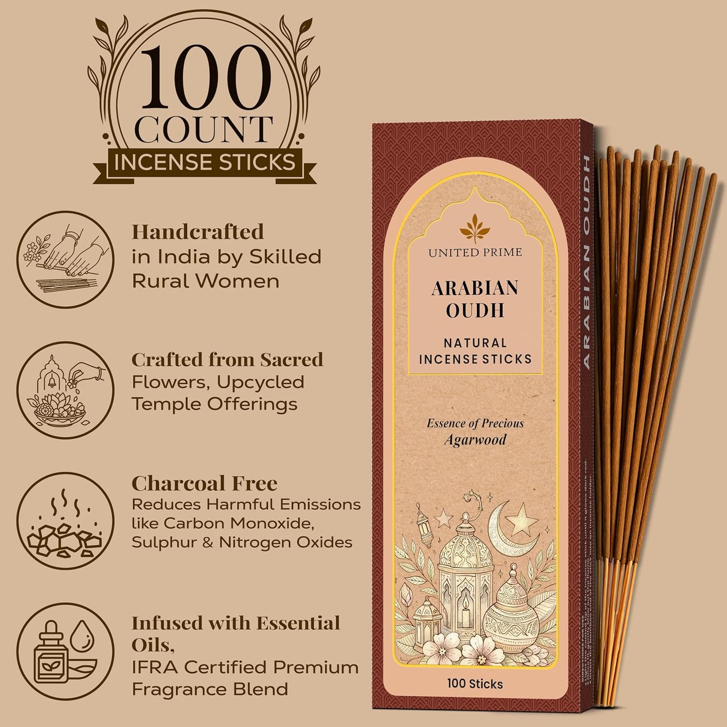 Pure Oud Incense Sticks, 100% Natural Organic Non Toxic, 100 Sticks, Clean Burning No Charcoal, Sustainably Harvested, Positive Vibes Incense, Meditation Gifts – Spritual Cleansing