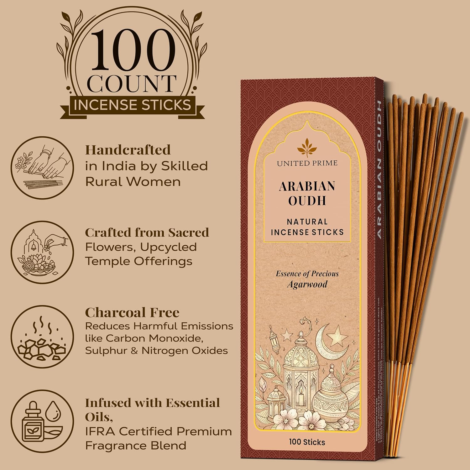 Pure Oud Incense Sticks, 100% Natural Organic Non Toxic, 100 Sticks, Clean Burning No Charcoal, Sustainably Harvested, Positive Vibes Incense, Meditation Gifts – Spritual Cleansing