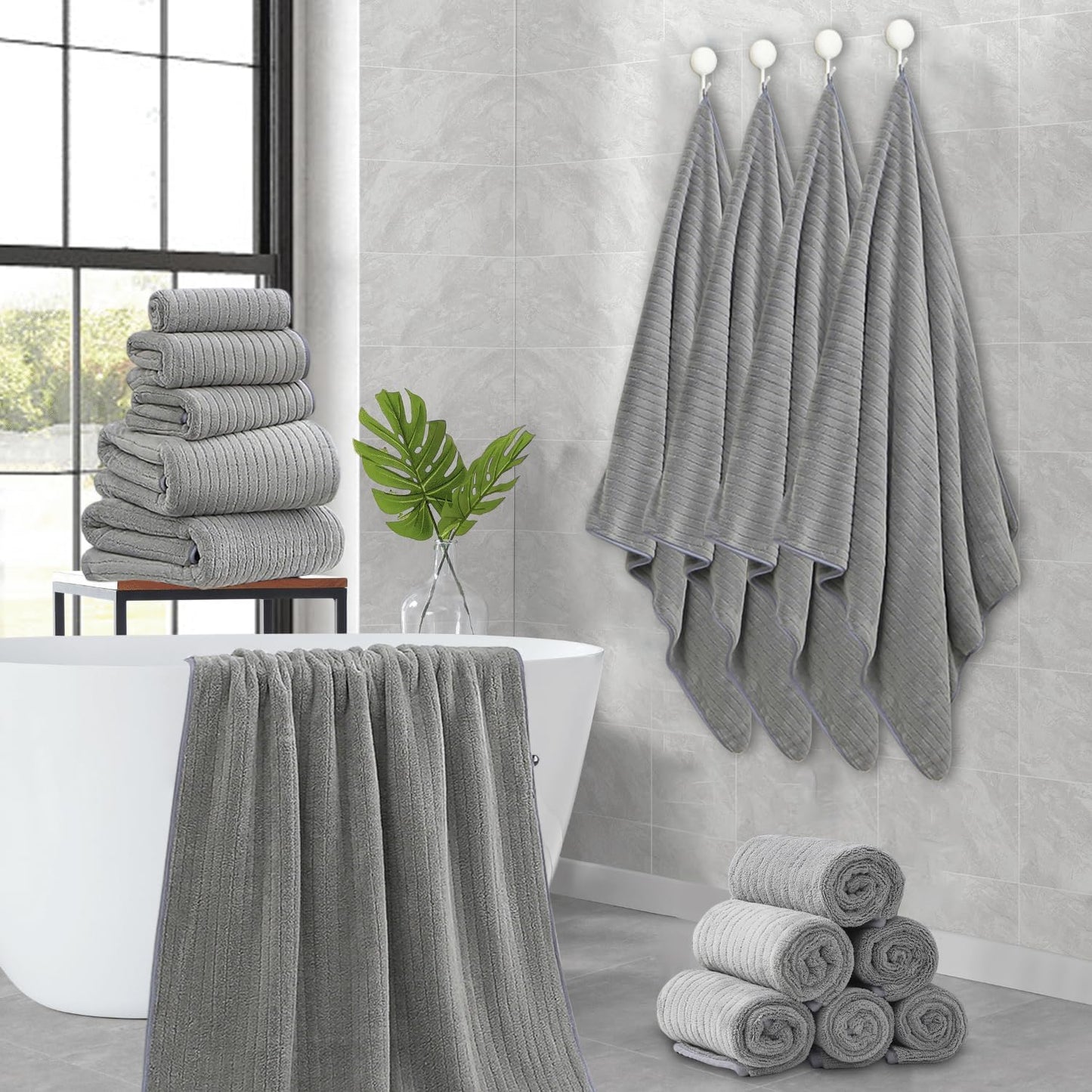 Hailea 18 Piece Family Bath Towel Set Include 6 Bath Towels,6 Hand Towels and 6 Washcloths Soft Bathroom Towel with Hanging Loops,Highly Absorbent Quick Dry Towels Set for Bathroom,Hotel and Spa-Grey