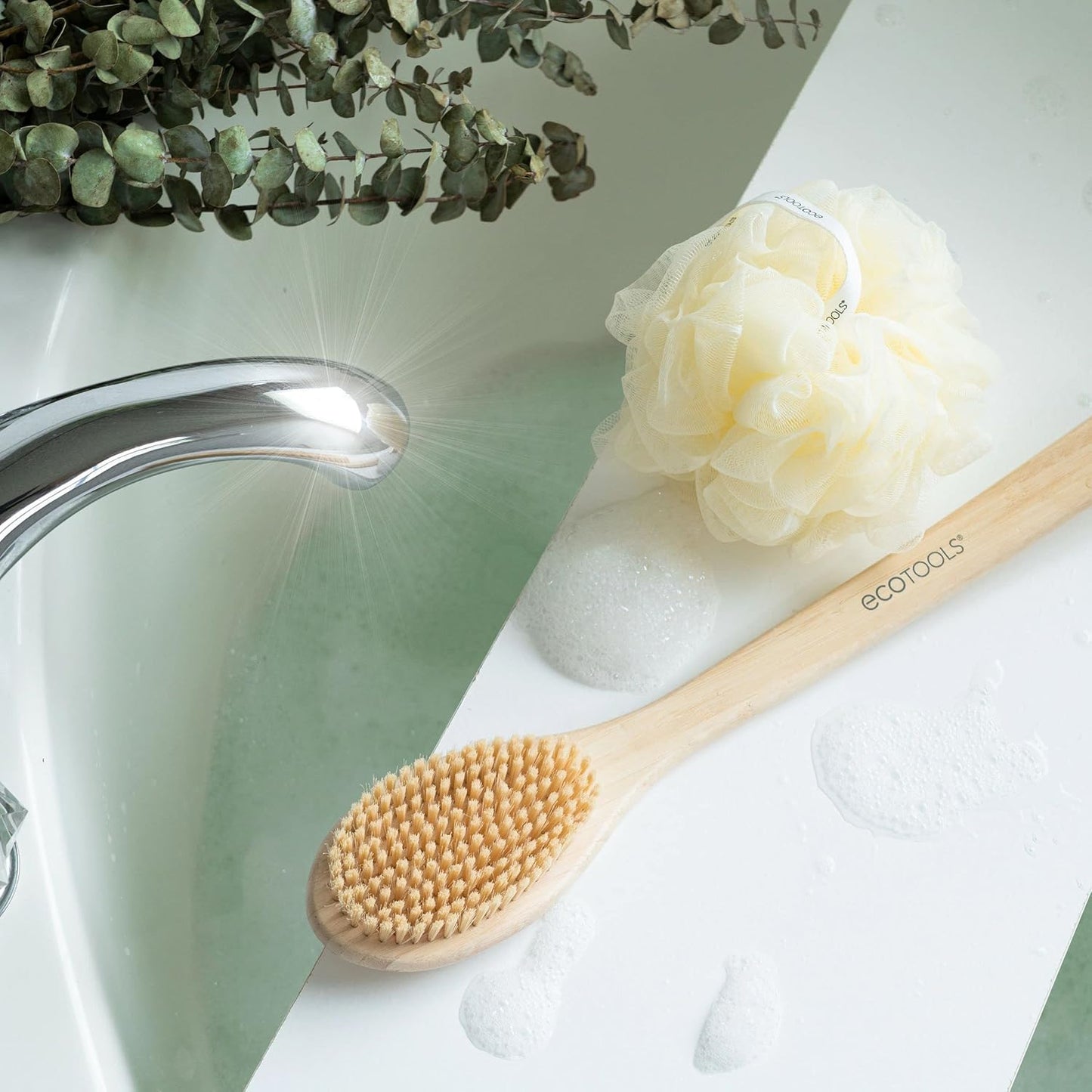 EcoTools Bath Bristle Brush, Bath Brush with Long Handle, Cleanse Back & Hard-to-Reach Areas, Eco Friendly Shower Brush for Exfoliating, Cruelty Free Nylon Bristles, Vegan, 1 Count