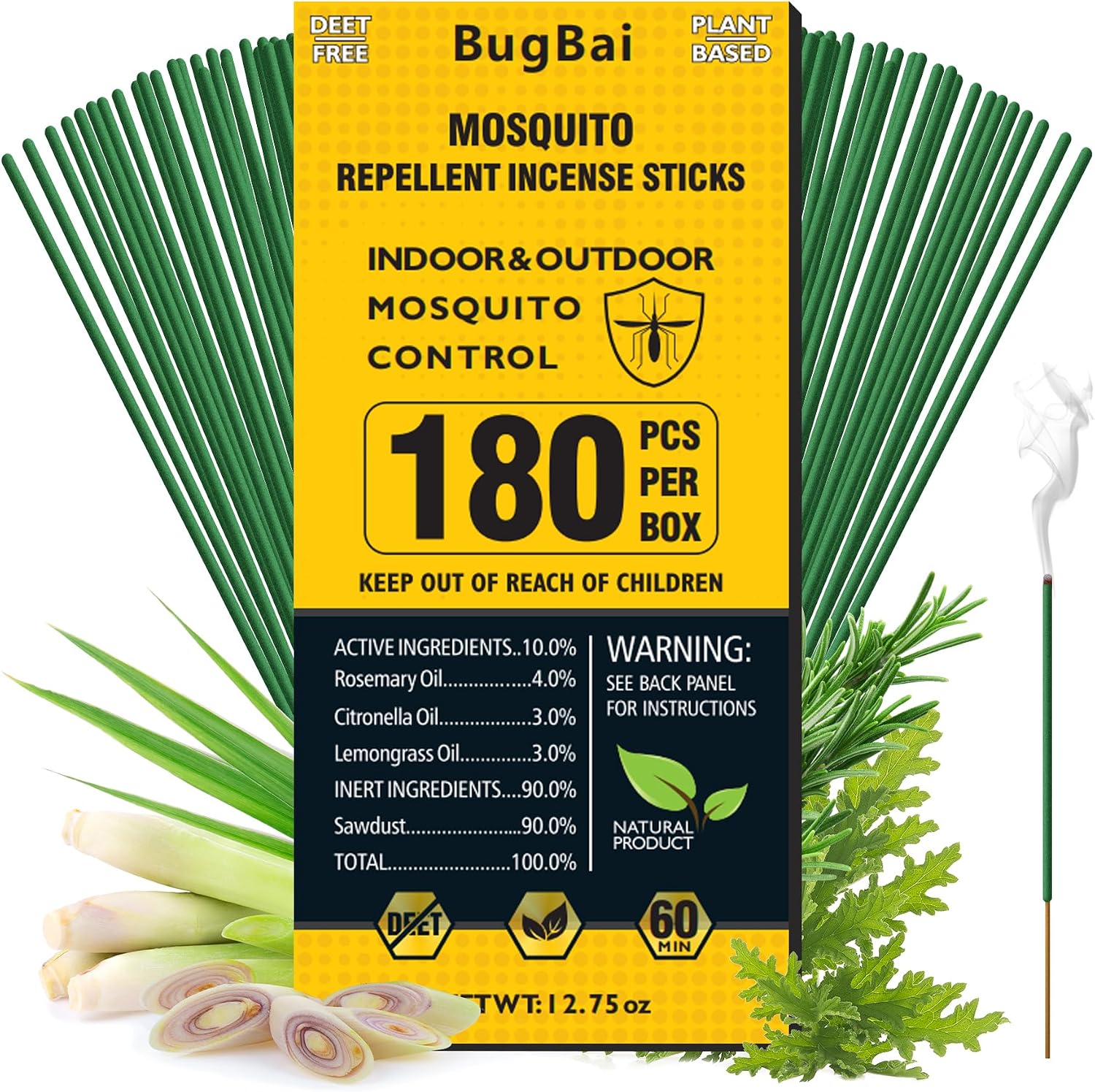 BugBai® Mosquito Repellent Incense Sticks 180 PCS, Citronella Oil DEET-Free Mosquito Repellent for Outdoor Patio Backyard Garden, Natural Plant-Based Bug Repellent for Camping Fishing
