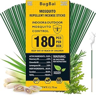 BugBai® Mosquito Repellent Incense Sticks 180 PCS, Citronella Oil DEET-Free Mosquito Repellent for Outdoor Patio Backyard Garden, Natural Plant-Based Bug Repellent for Camping Fishing