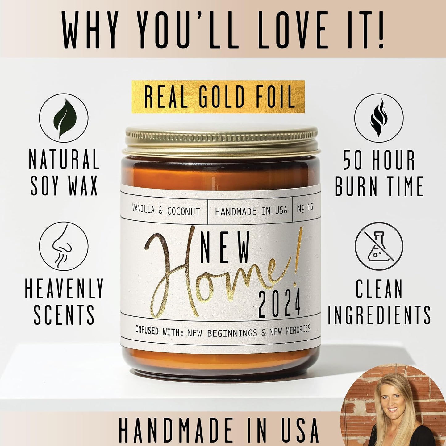 House Warming Gifts New Home, Housewarming Gifts New Home - 'New Home 2024' Soy Candle, w/Vanilla, Coconut & Vetiver I for New House, New Home Gifts I 9oz Jar, 50Hr Burn, Made in USA