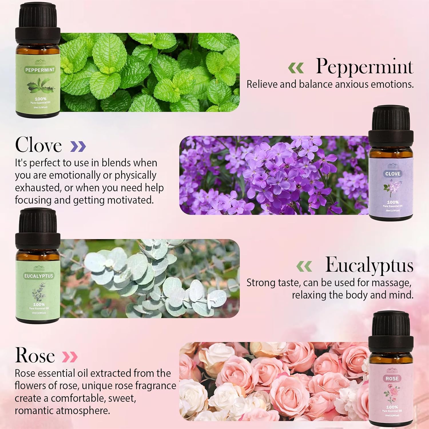 8 Pcs×10ml Pure Essential Oils for Diffuser for Home Care, Perfume, Candle and Soap Making - Peppermint, Lavender, Rose, Clove-Organic Essential Oils Set for Women and Mom Gift