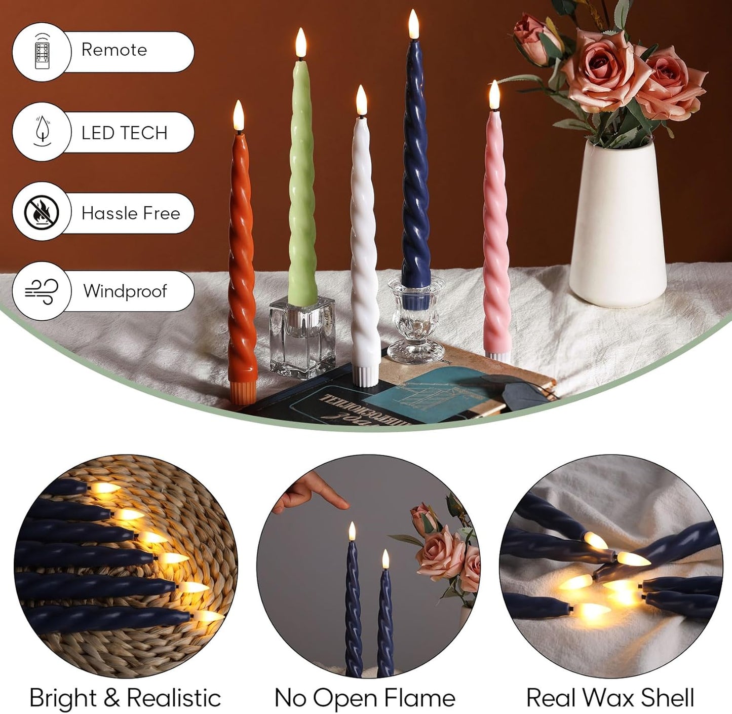 Spiral Flameless Taper Candles with Remote, Navy Blue Candles Battery Operated, Flickering LED Wax Candlesticks Set of 6