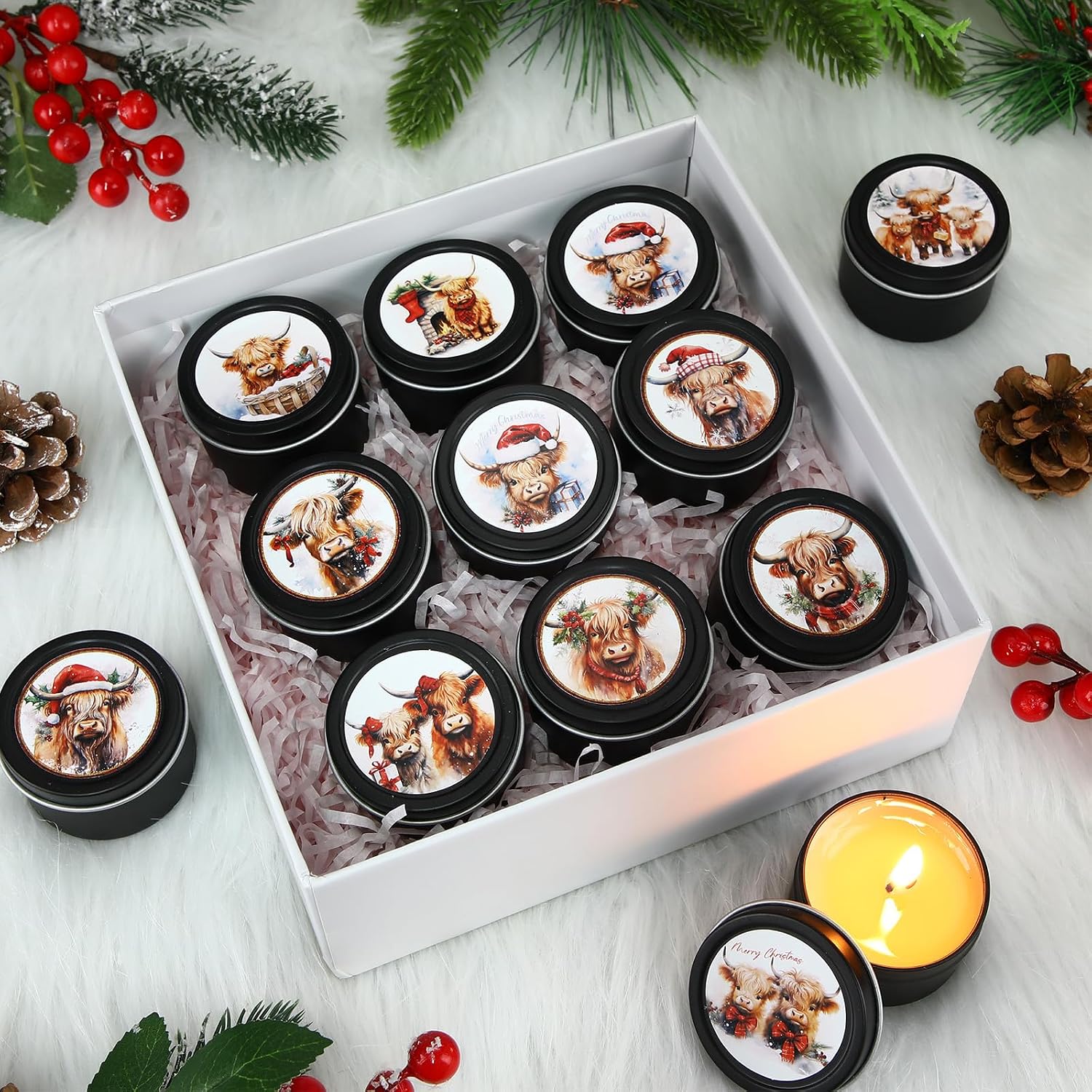 Nuanchu 24 Pack Christmas Scented Candles Gift Set Highland Cattle Candle for Her Him 2oz Natural Soy Wax Jar Long Lasting Aromatherapy Bulk Favors Set for Christmas Party Home Decor