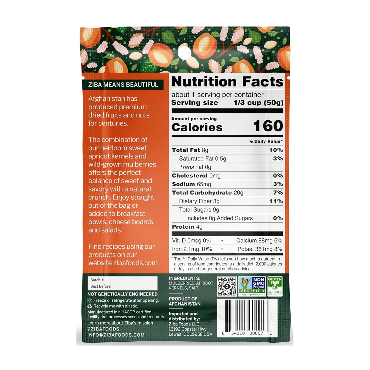 Ziba Foods Trail Pairing - Sweet Apricot Kernels & Dried Mulberries Mix - Non-GMO, Vegan, Whole 30 Friendly & Paleo - High in Fiber, Iron & Immune Boosting Antioxidants - Sweet & Savory, Pack of 6