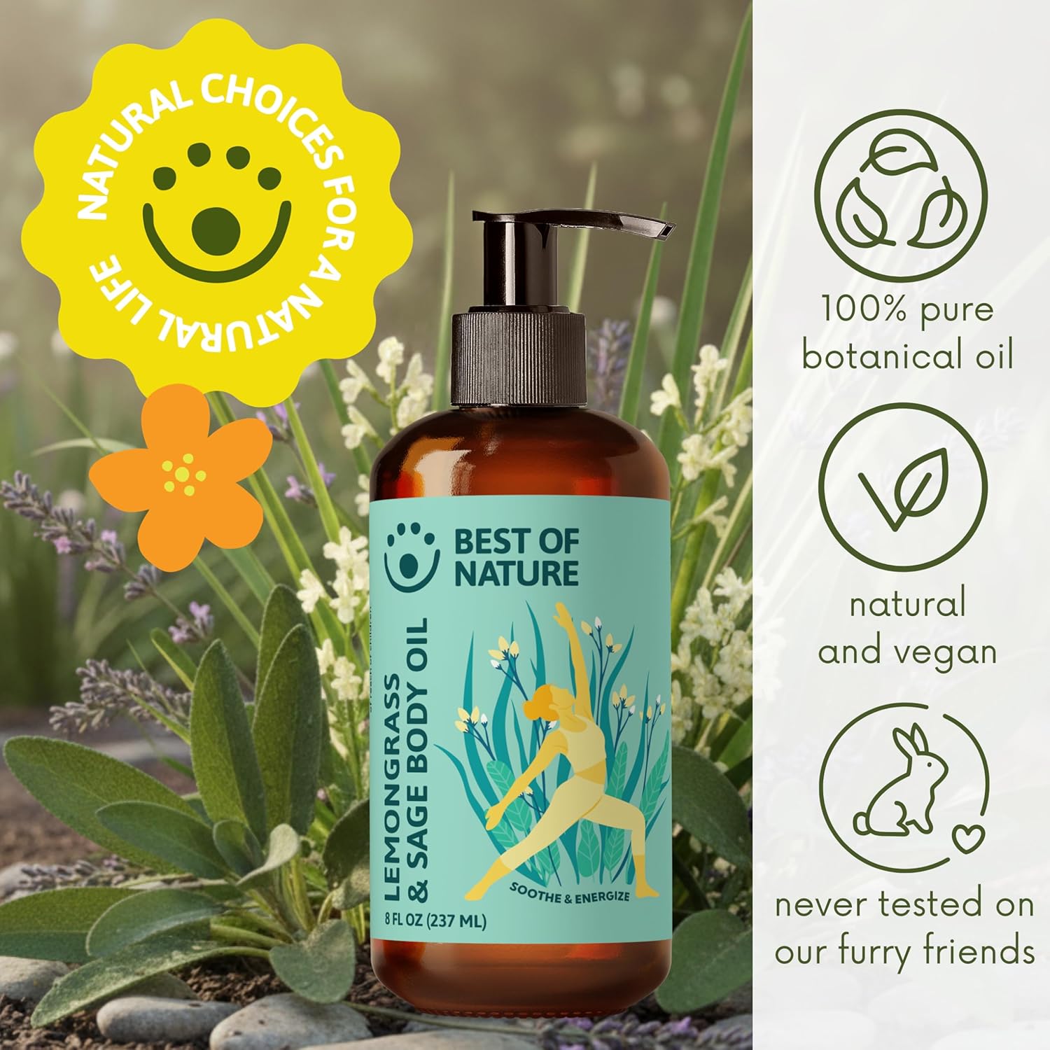 Best of Nature Lemongrass & Sage Aromatherapy Massage Oil – Non-Greasy Body Oil for Skin, Face & Massage – Uplifting Essential Oil Blend – 8 fl oz