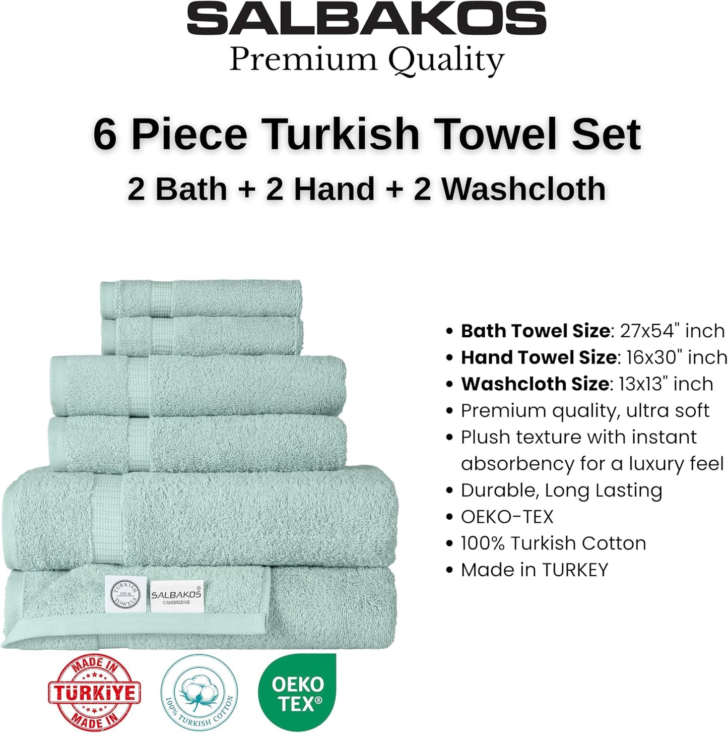 SALBAKOS 100% Turkish Cotton Bathroom Towel Set of 6 | Premium Quality Turkish Bath Towel Set for Gift | Experience Spa Comfort Every Day | Oeko-Tex, Made in Turkey (Seafoam Green, 6 Piece Towel Set)