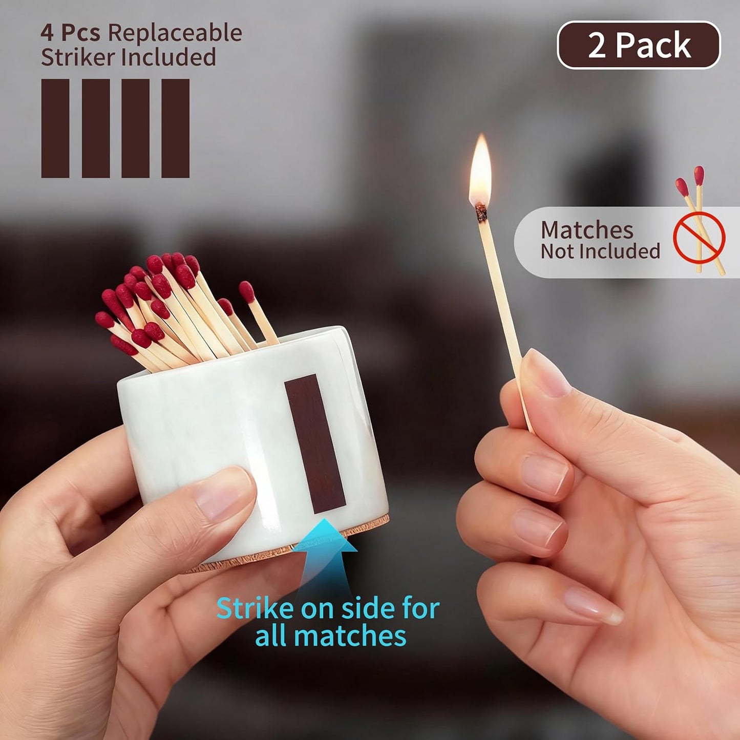 (2 Pcs) Marble Match Holder with Striker, 2.6" x 2" Matches in a jar, Candles Cute Home, Bathroom Decor - Candle Lover Gifts - Matches Not Included