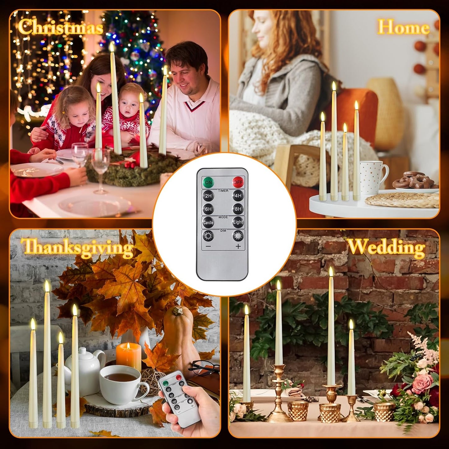 Rossesay 28 Pcs Flameless Taper Candles with Timer Remote 4 Sizes of 8.5", 9.6", 10.83", 12.8" LED Flickering Taper Candles Battery Operated for Valentine's Day Church Wedding Home Decor(Warm White)