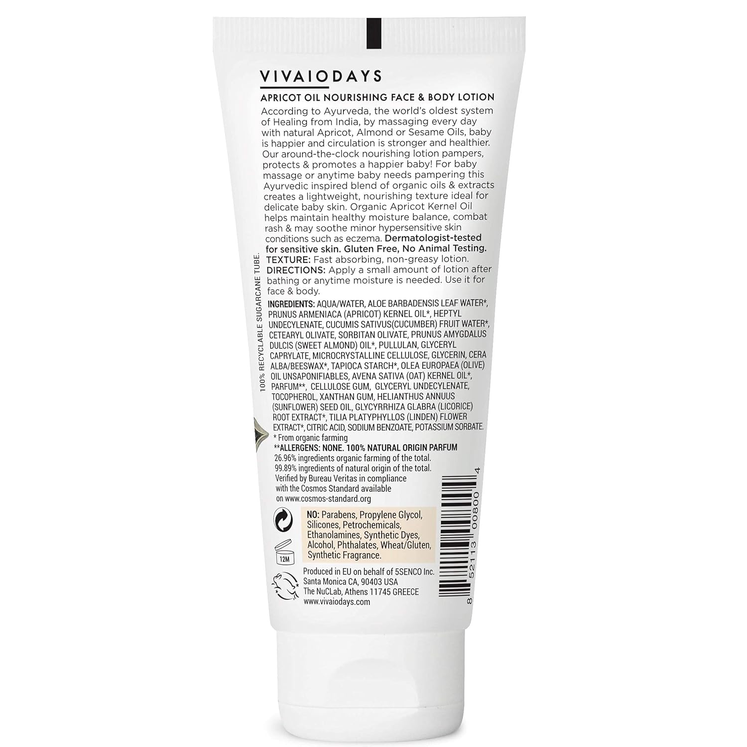 VIVAIODAYS Certified Organic Apricot Oil Nurishing Face & Body Lotion for Baby & Family, Gentle Hydration even for Sensitive Skin, 3.4 fl. oz.