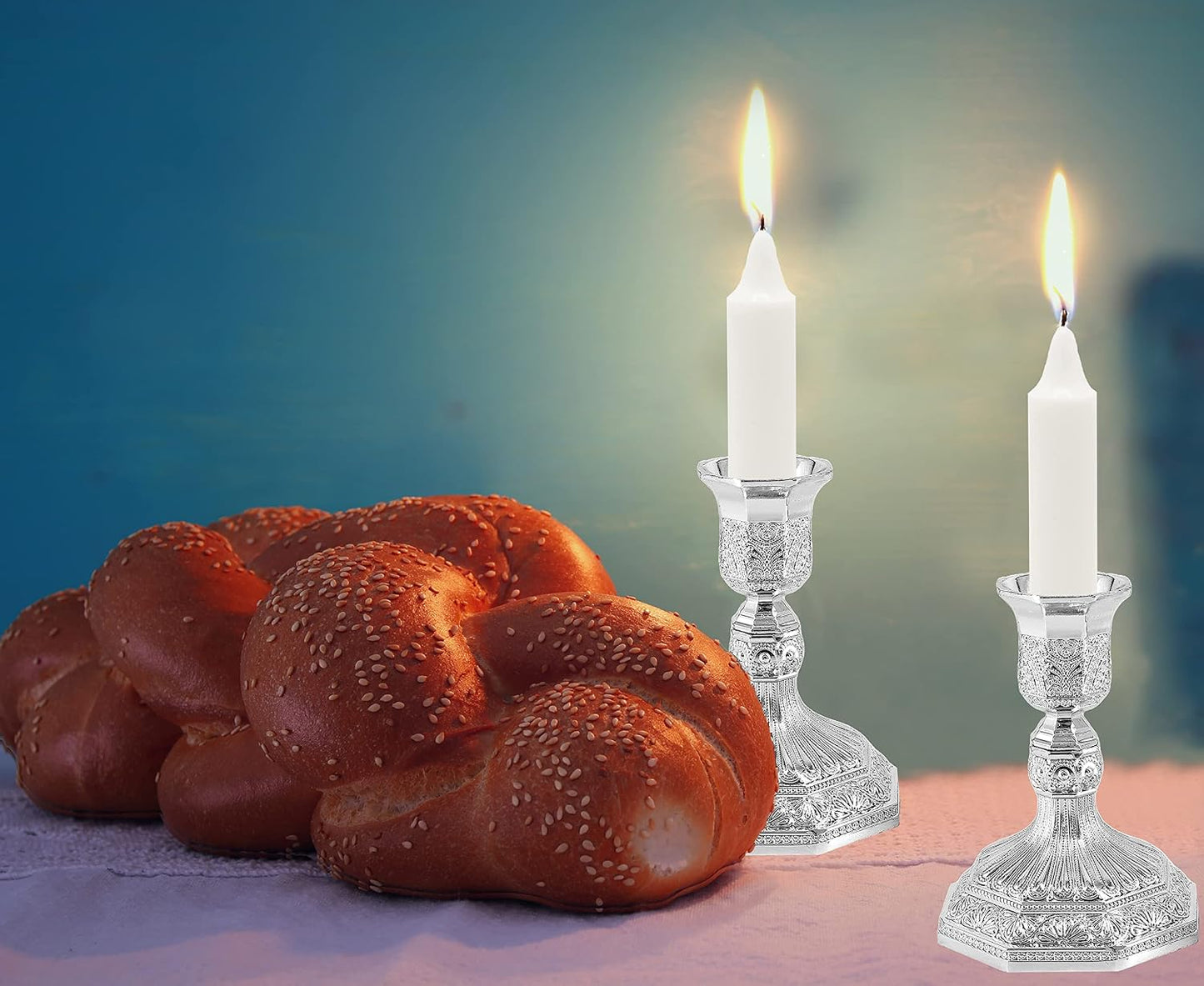 The Dreidel Company Shabbat Candlesticks Candle Holders Silver Plated, 2 Candlesticks Set Style 2