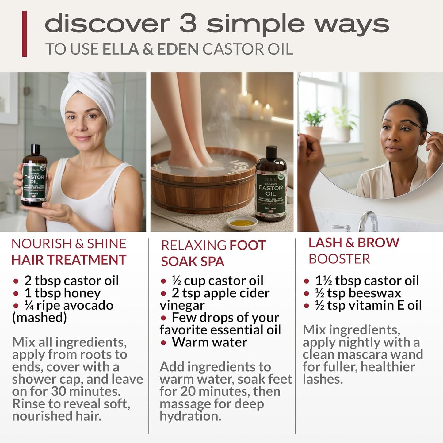 Ella & Eden USDA Organic Castor Oil – 100% Pure Cold Pressed Hexane-Free - Glass Bottle - For Hair Growth, Face, Eyelash, Skin, Stomach - Unrefined 16 Fl Oz