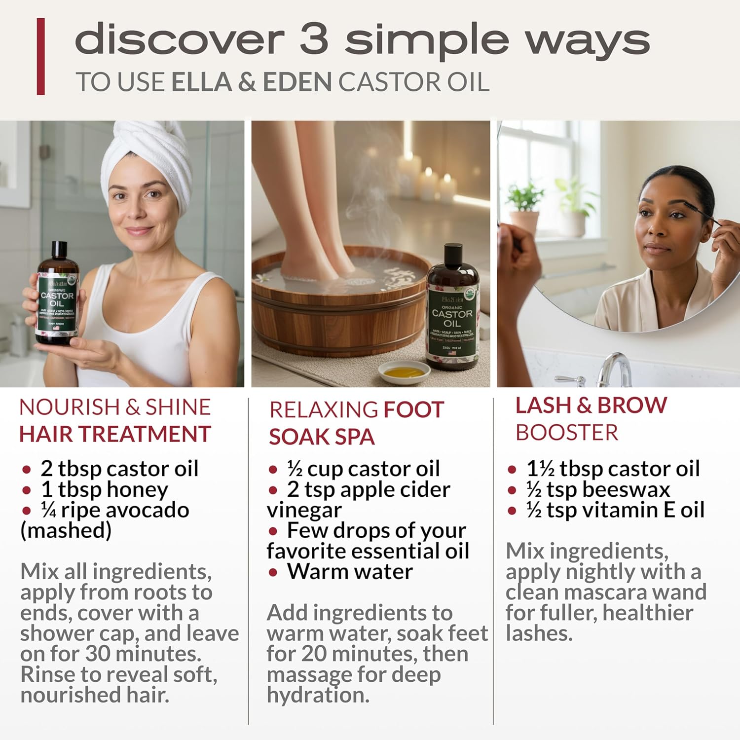 Ella & Eden USDA Organic Castor Oil – 100% Pure Cold Pressed Hexane-Free - Glass Bottle - For Hair Growth, Face, Eyelash, Skin, Stomach - Unrefined 16 Fl Oz
