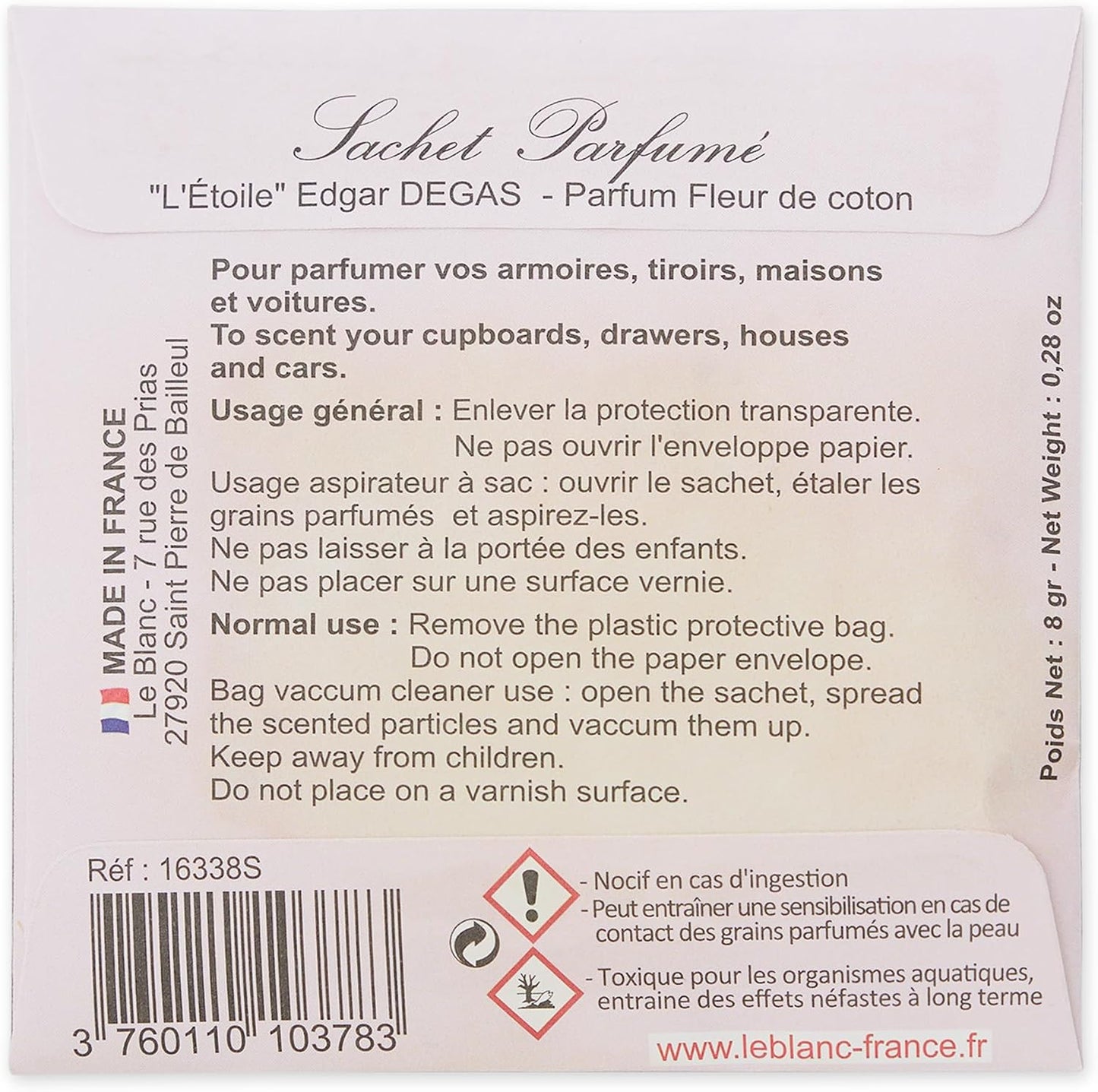 Le Blanc French Air Freshener Sachet Set, Eliminate Odors - Drawers, Closets, Linens, Luggage and Gifts, Degas Dancer/Cotton