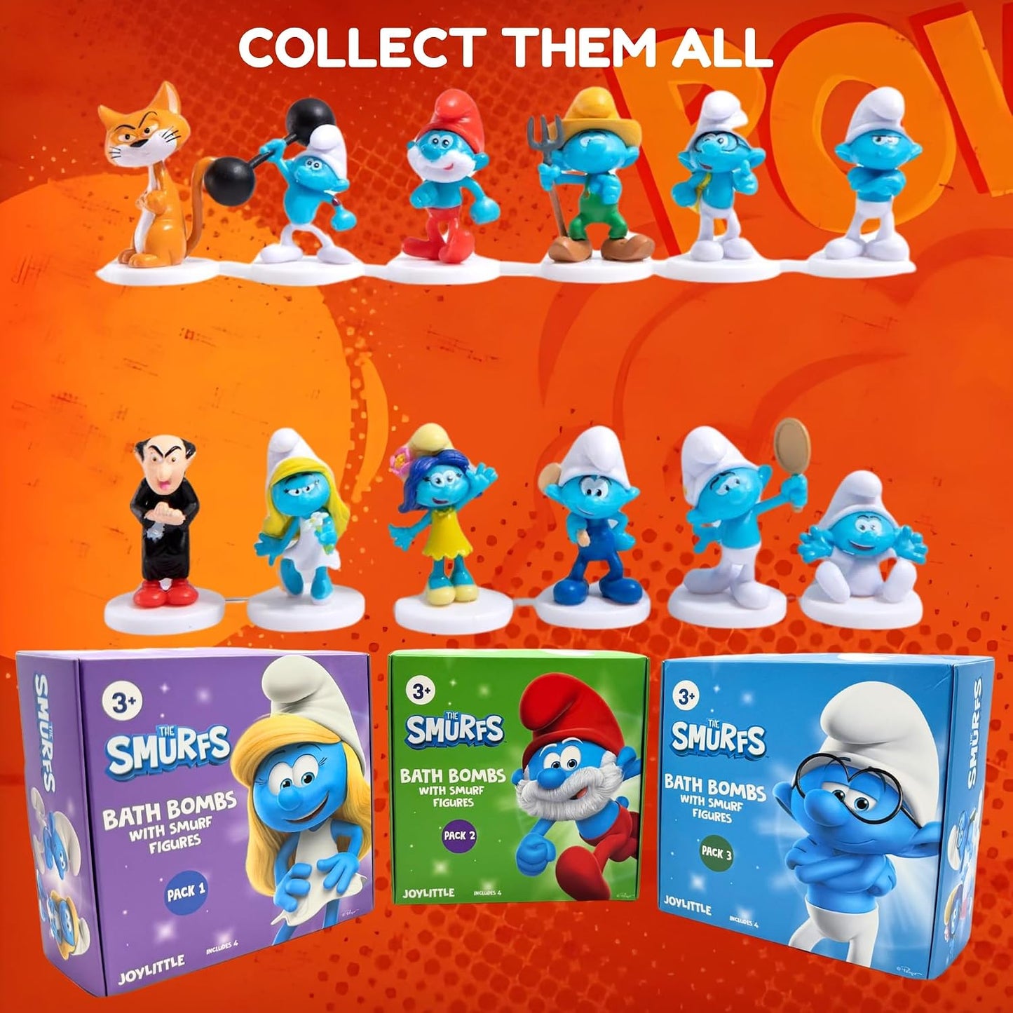 The Smurfs Bath Bombs with Action Figures-Brainy, Handy Smurf, Blossom, and Azrael (Pack 3)