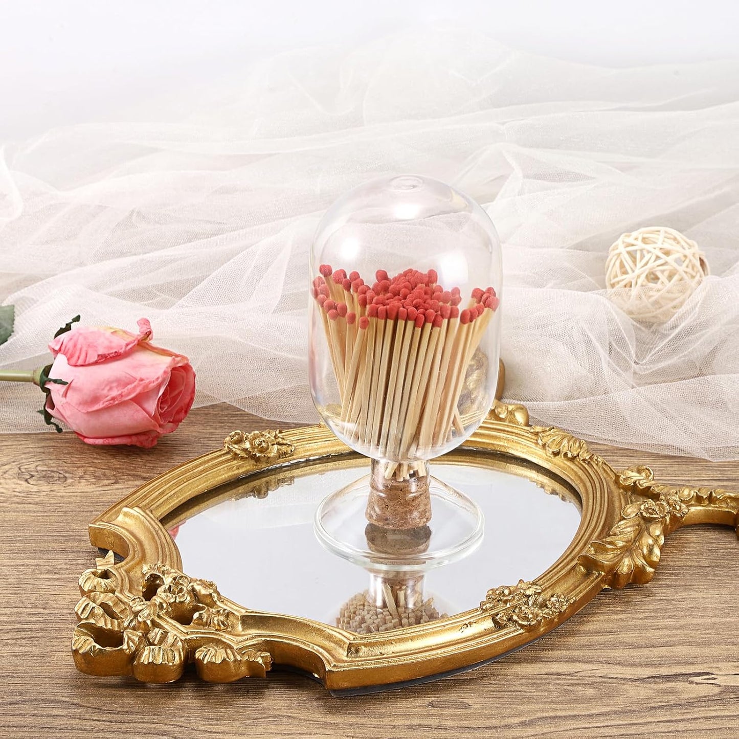 OwnMy 4 Inch Glass Match Cloche Decorative Glass Match Holder Jar with Cork Stopper, Clear Glass Matches Box Matchstick Holder Organizer for Home Bathroom Fireplace Candle Use (NOT Includes Matches)