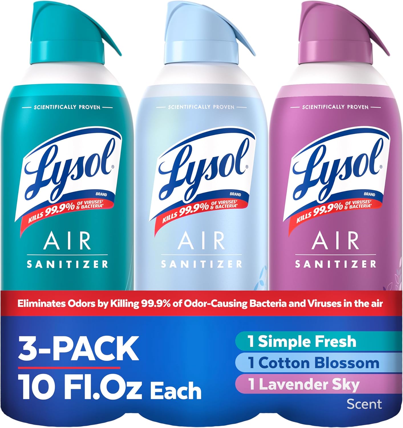 Lysol Air Sanitizer with Bacterial Odor Eliminator for Home & Office, Air Freshener Alternative, Simple Fresh + Cotton Blossom + Lavender Sky, 10 oz (Pack of 3)