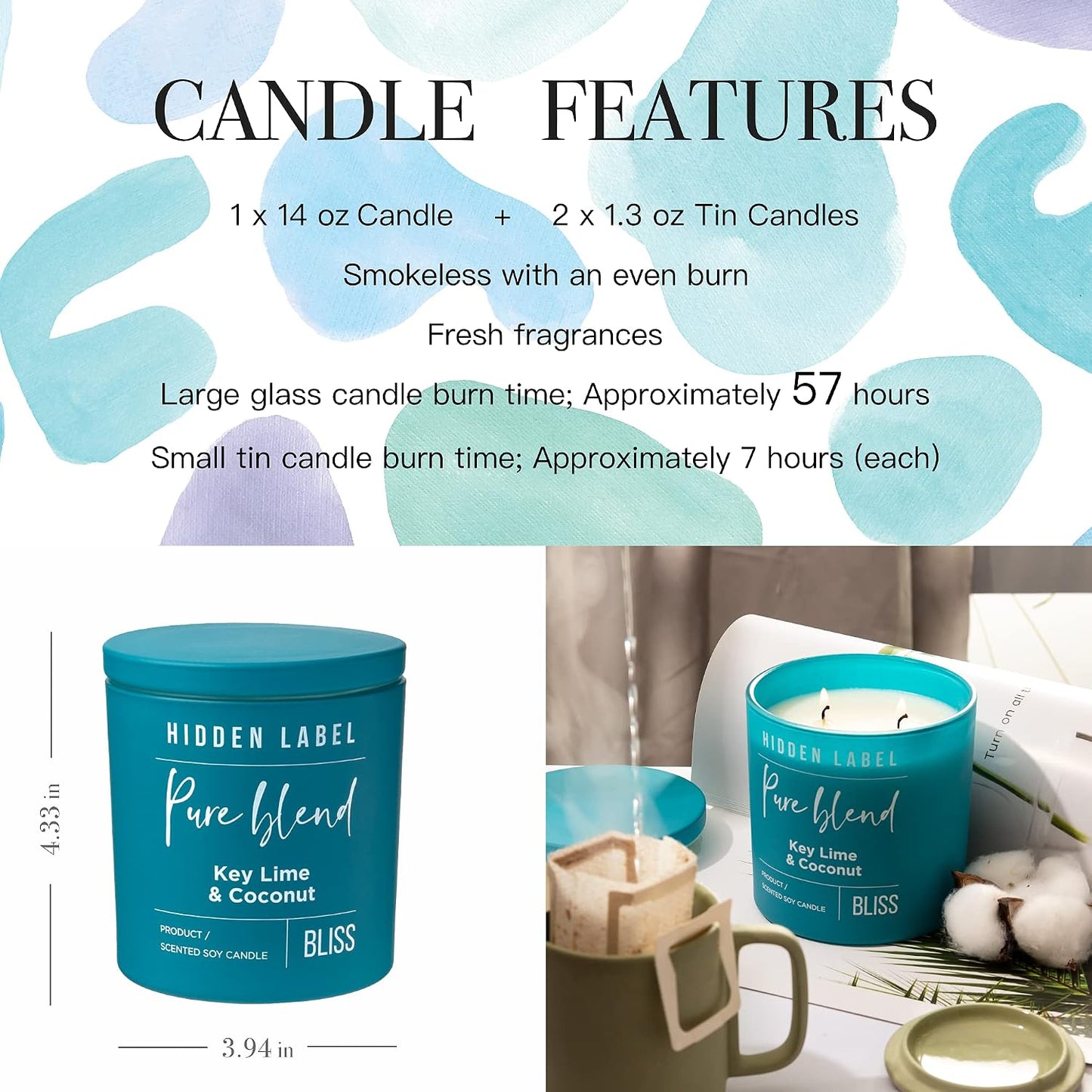Hidden Label Scented Candles, Key Lime & Coconut Large Candle 14oz 2 Wick, Pure Blend Collection Soy Candles for Home, Gifts for Women