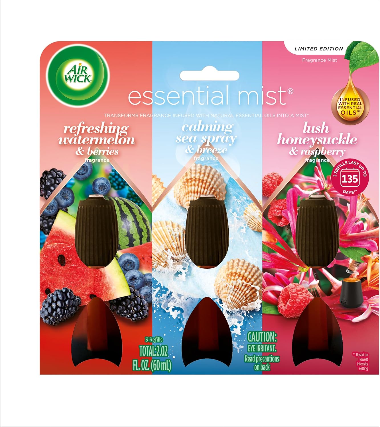 Air Wick Essential Mist Refill Multipack - Watermelon & Berries, Sea Spray & Breeze, Honeysuckle & Raspberry, 3 Count